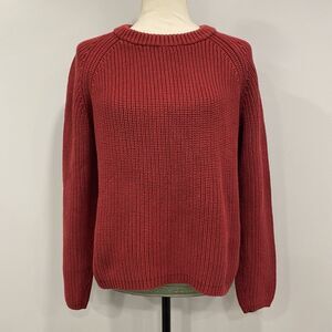 QUINCE L Red Organic Cotton Fisherman Crewneck Chunky Knit Warm Sweater Winter